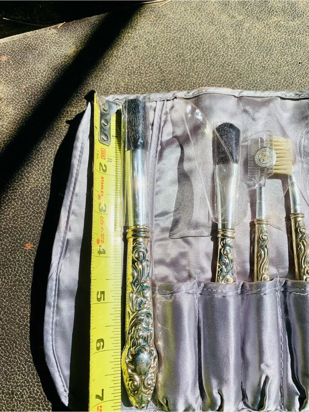 Ornate silver-Handled Makeup Brush Set in Light Gray Pouch